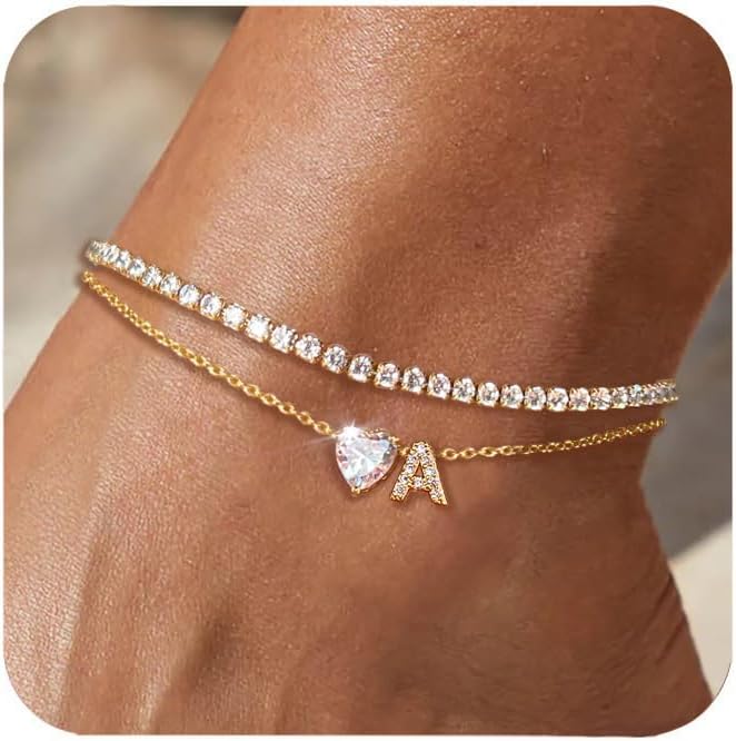ABDOT Store Gold Initial Ankle Bracelets for Women Waterproof 14K Gold Filled Layered Anklets for Women Non Tarnish Women's Anklets Adjustable Large Ankle Summer Beach Foot Jewelry - Image 1